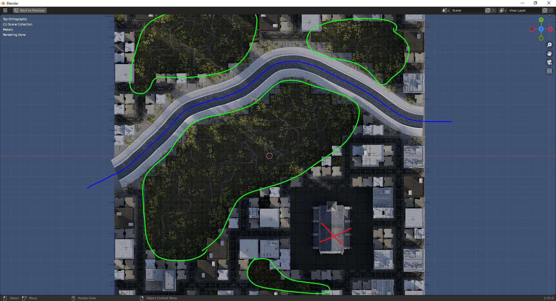 Image with handdrawn lines showing basic layout of green zones, city centre and river